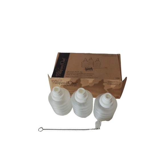 Pampered Chef Decorated Bottle Set Three Bottles With Brush And Original Box - Picture 6 of 16
